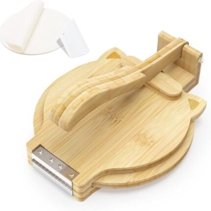 Tortilla Press 10 Inch - Bamboo  & Roti Maker with Parchment Paper Sheets & Dough Cutter for Homemade Flour Corn Tortilla, Wood Tortillera  Tortilla Maker for Home Baking Cooking