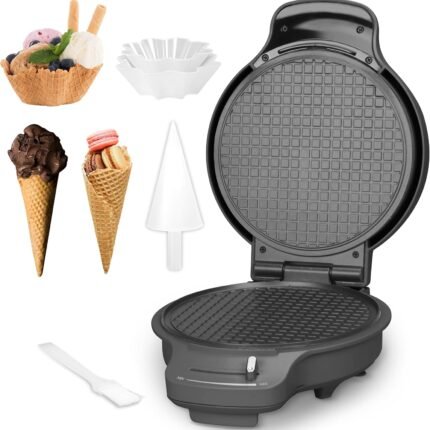 Waffle Cone Maker Machine with Browning Control, Nonstick Waffle Bowl Maker, 7.5” Ice Cream Cone Maker, Thin Waffle Maker Crispy, Cone Roller & Bowl Press Included, Graphite